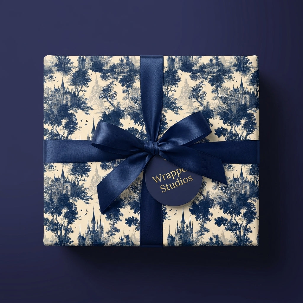 Luxury blue toile castle wrapping paper with navy satin ribbon by Wrapped Studios.