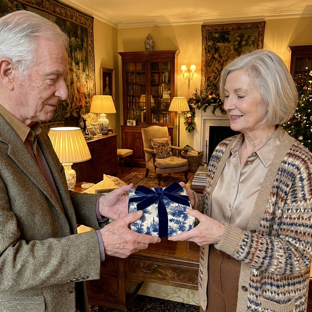 Senior couple exchanging a gift in elegant blue toile Christmas wrapping paper by Wrapped Studios.