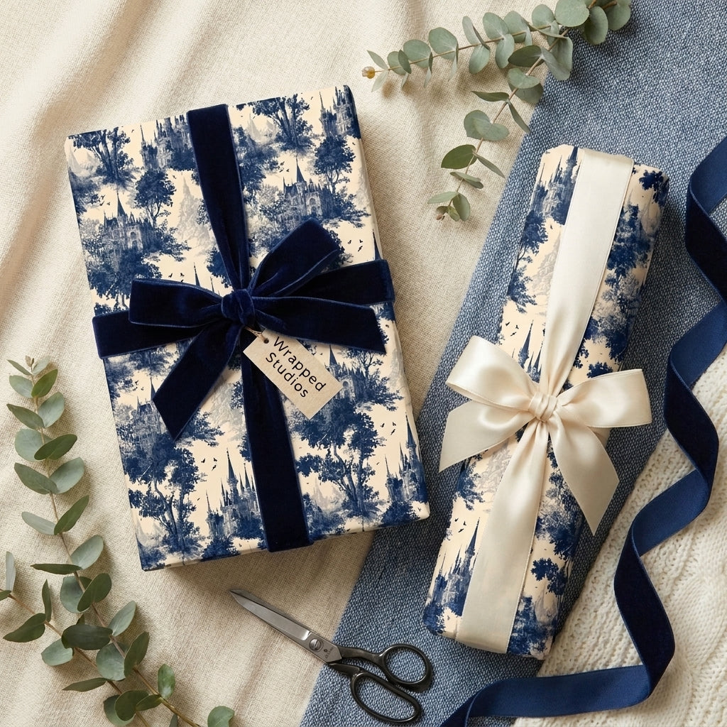 Vintage blue toile wrapping paper by Wrapped Studios, featuring luxury gifts with velvet and satin bows.