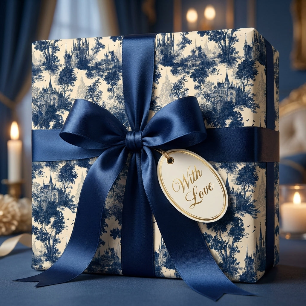 Luxury blue toile wrapping paper with a navy satin bow and 'With Love' gift tag by Wrapped Studios.
