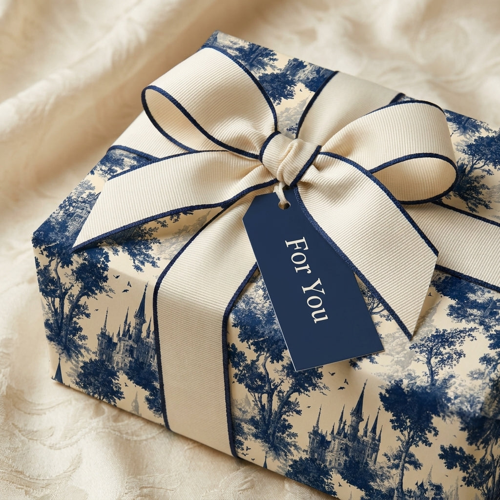 Vintage blue toile de jouy wrapping paper with a luxury cream bow by Wrapped Studios.
