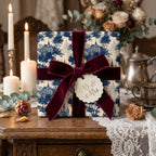 Luxury blue toile wedding wrapping paper with burgundy velvet ribbon by Wrapped Studios.