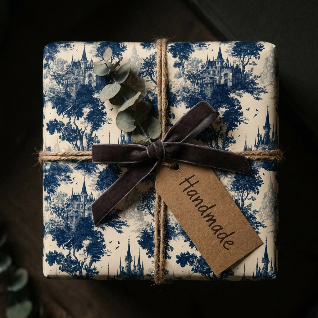 Blue vintage toile wrapping paper with castle print and velvet bow. Luxury gift wrap by Wrapped Studios.