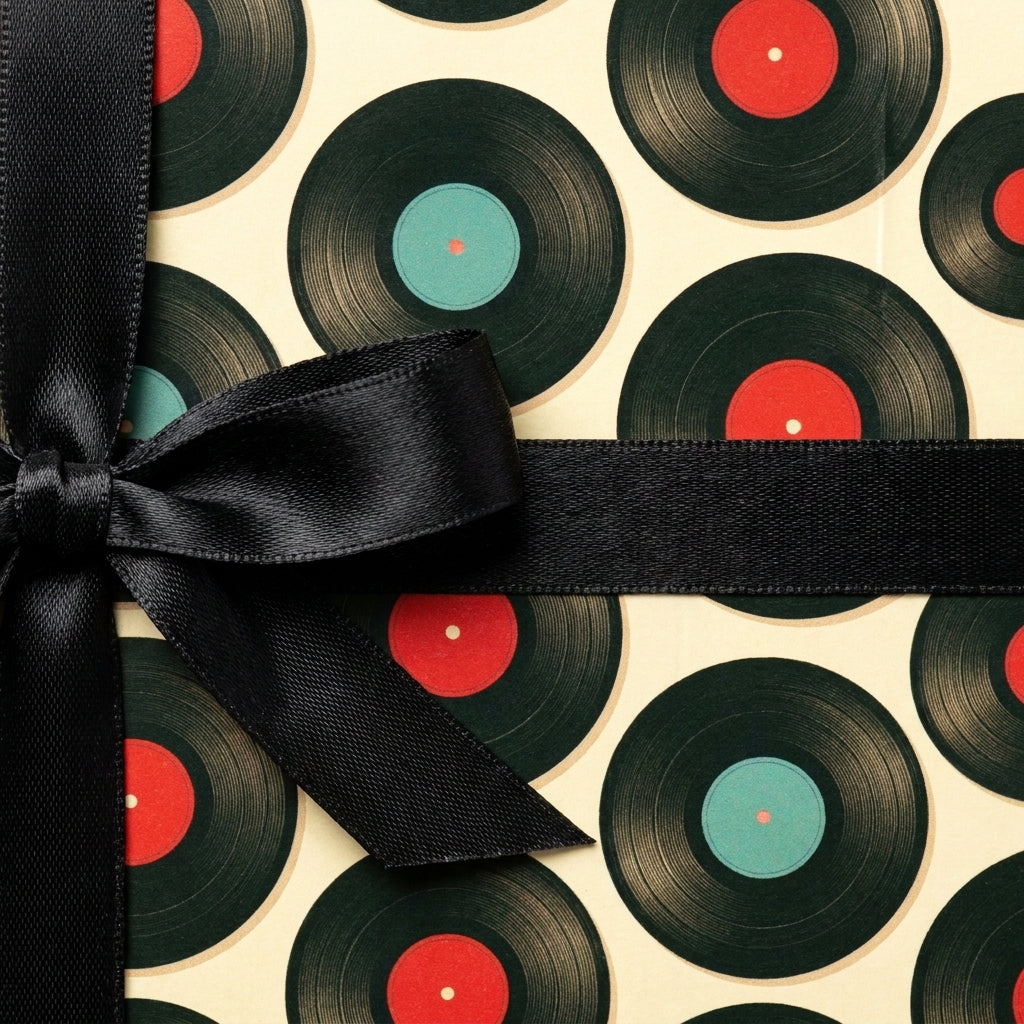 Retro vinyl record wrapping paper with black satin bow. Music gift wrap by Wrapped Studios.