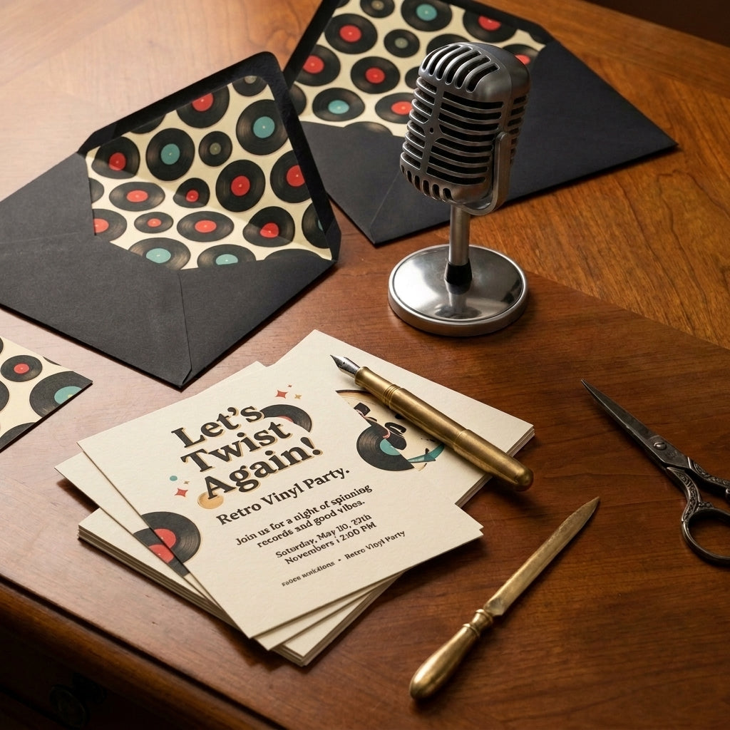 Retro vinyl record wrapping paper as envelope liners for vintage party invitations by Wrapped Studios.