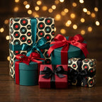 Retro vinyl record wrapping paper and festive gift boxes with satin bows by Wrapped Studios.