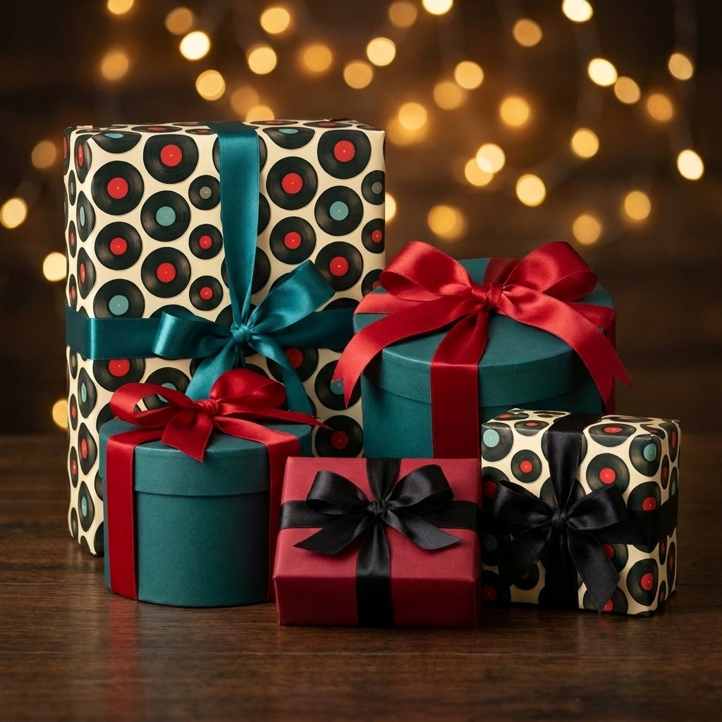 Retro vinyl record wrapping paper and festive gift boxes with satin bows by Wrapped Studios.