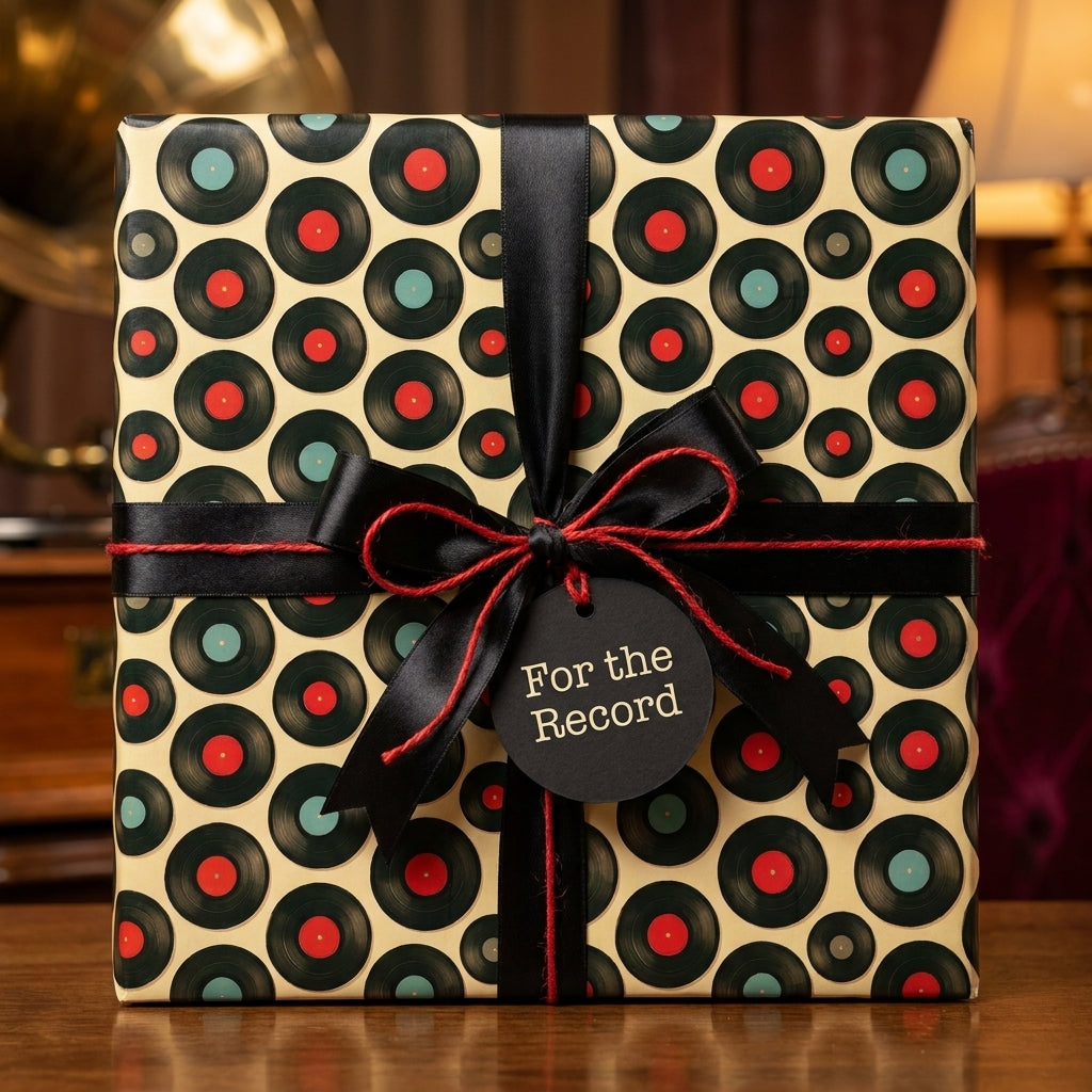 Retro music themed vinyl record wrapping paper with a black bow by Wrapped Studios.