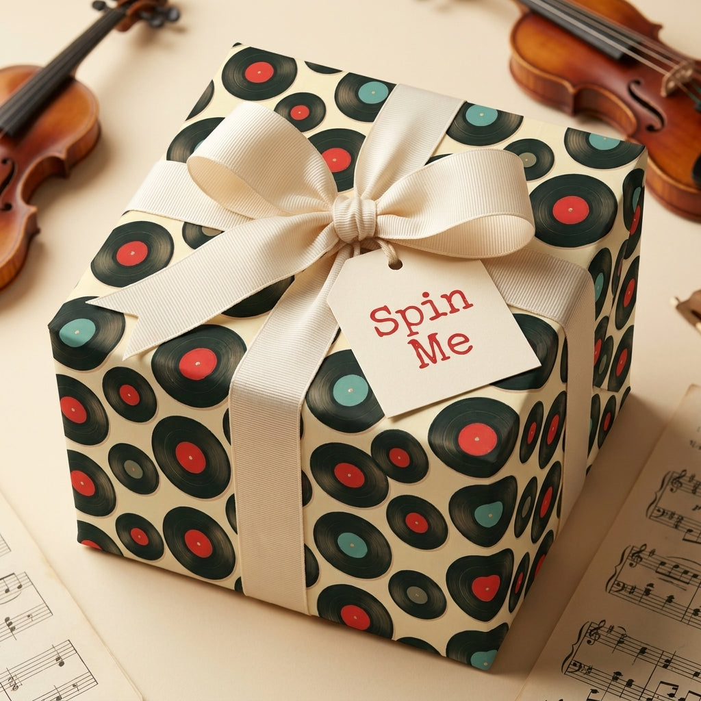 Retro vinyl record wrapping paper by Wrapped Studios with a cream ribbon bow and 'Spin Me' tag.