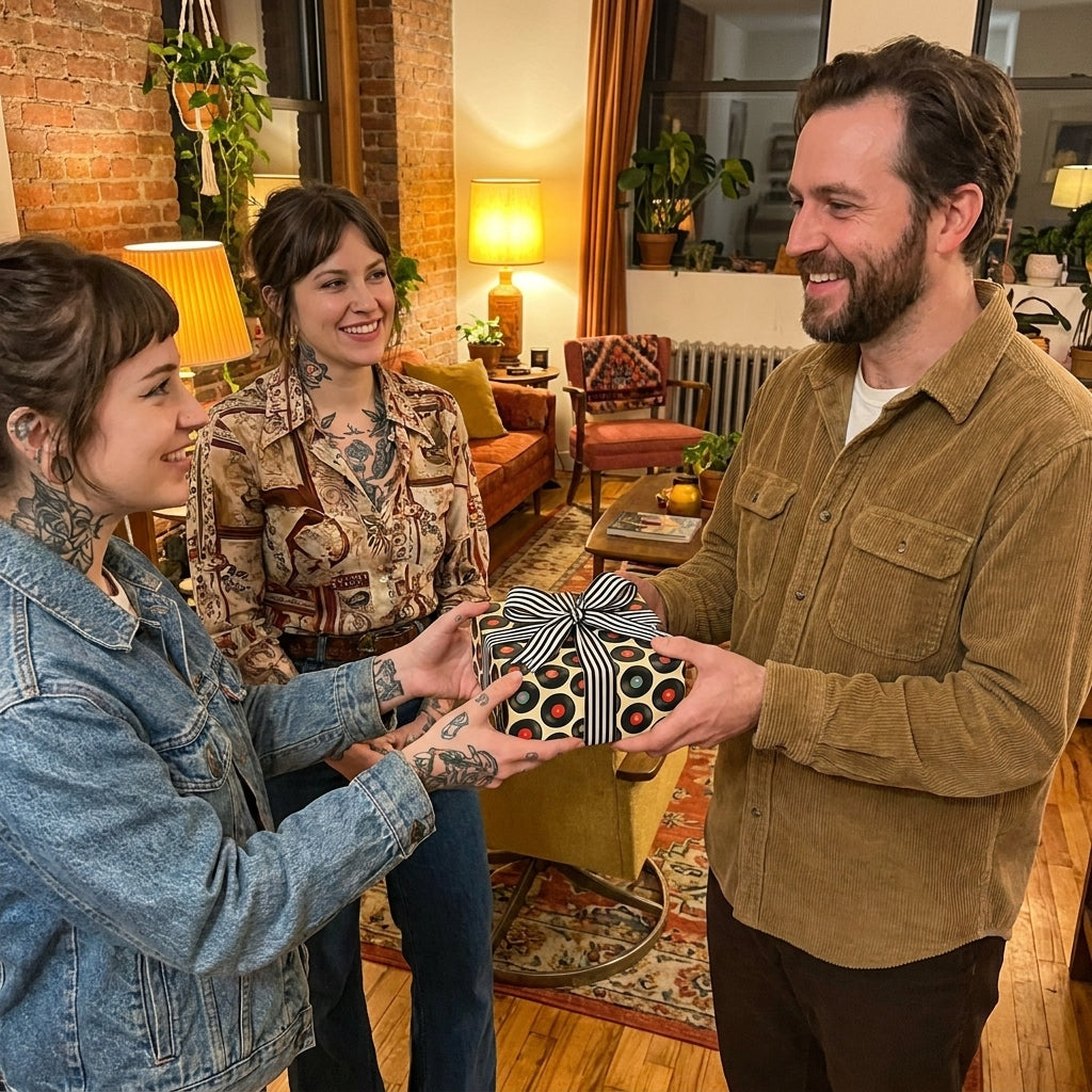 Friends sharing a gift in retro vinyl record wrapping paper with striped ribbon by Wrapped Studios.
