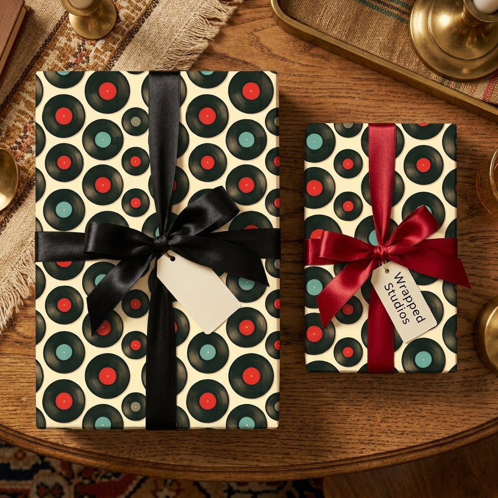Retro vinyl record wrapping paper with black and red ribbons on gift boxes by Wrapped Studios.