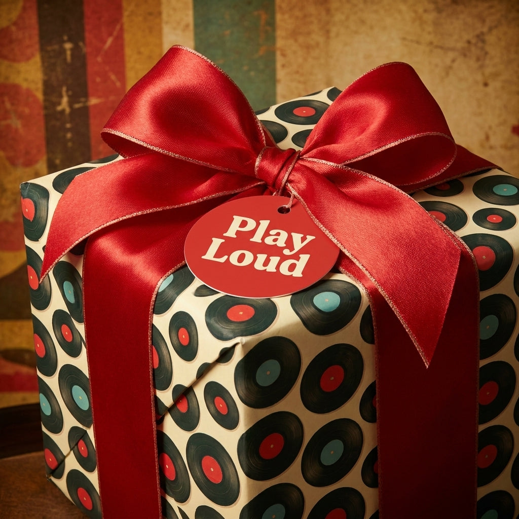 Retro vinyl record wrapping paper with a red satin bow and 'Play Loud' tag, by Wrapped Studios.