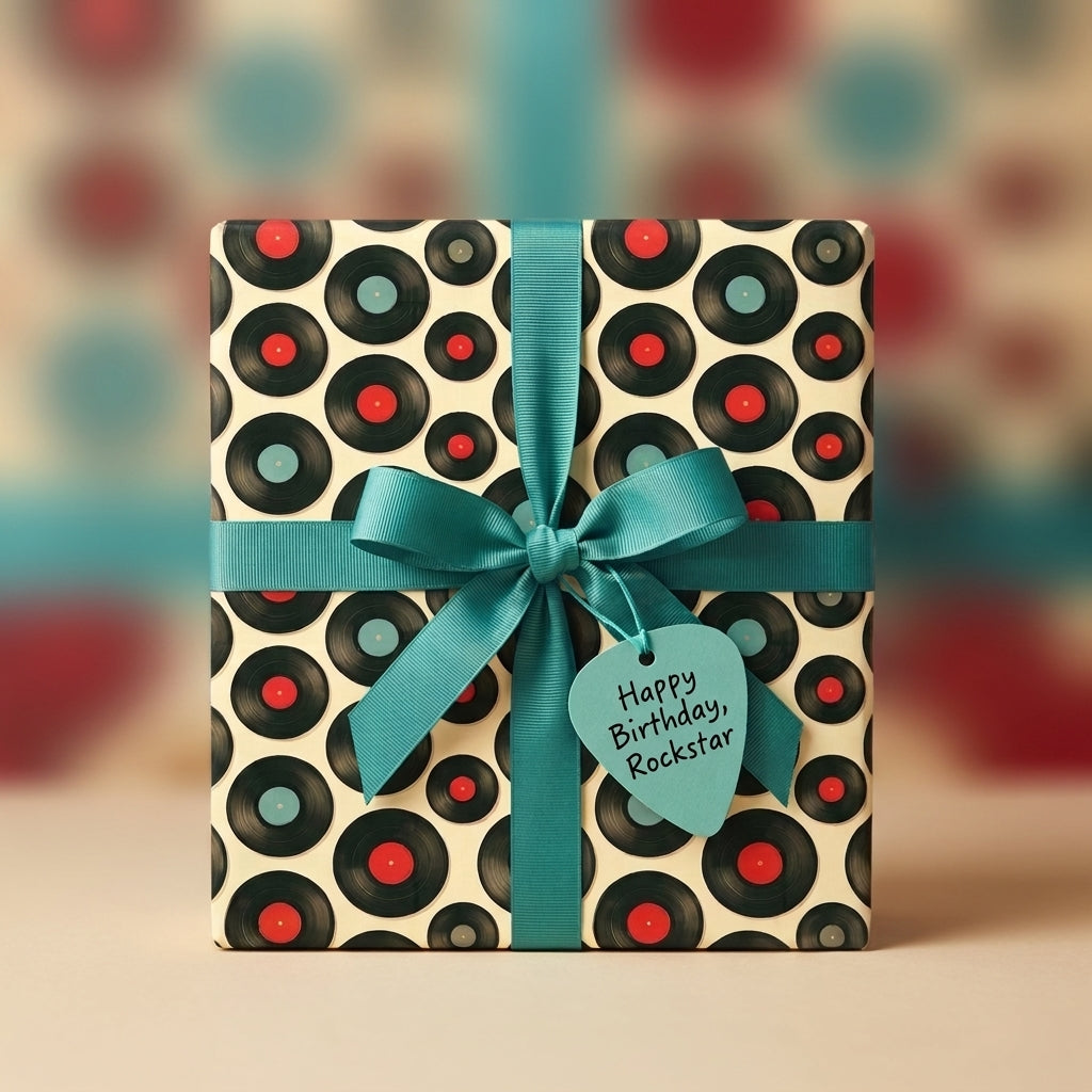 Retro vinyl record birthday wrapping paper with teal ribbon and rockstar tag by Wrapped Studios.