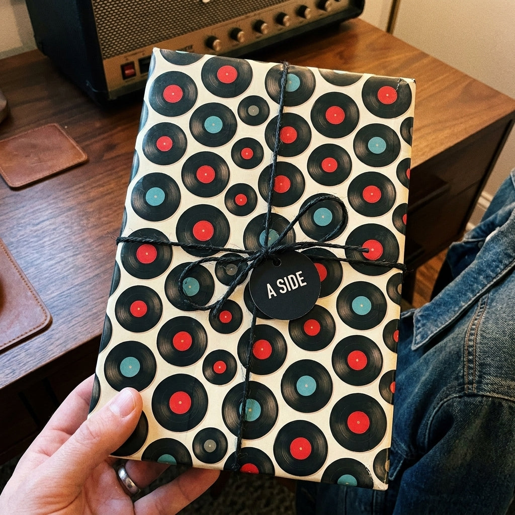 Retro vinyl record wrapping paper with an A-side tag by Wrapped Studios.