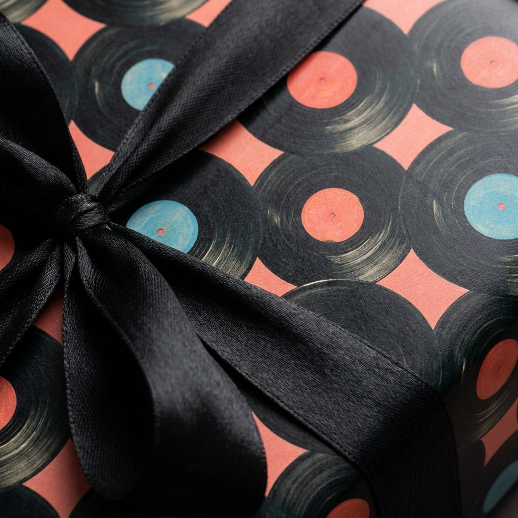 Retro vinyl record wrapping paper in coral with a black satin bow, music gift wrap by Wrapped Studios.