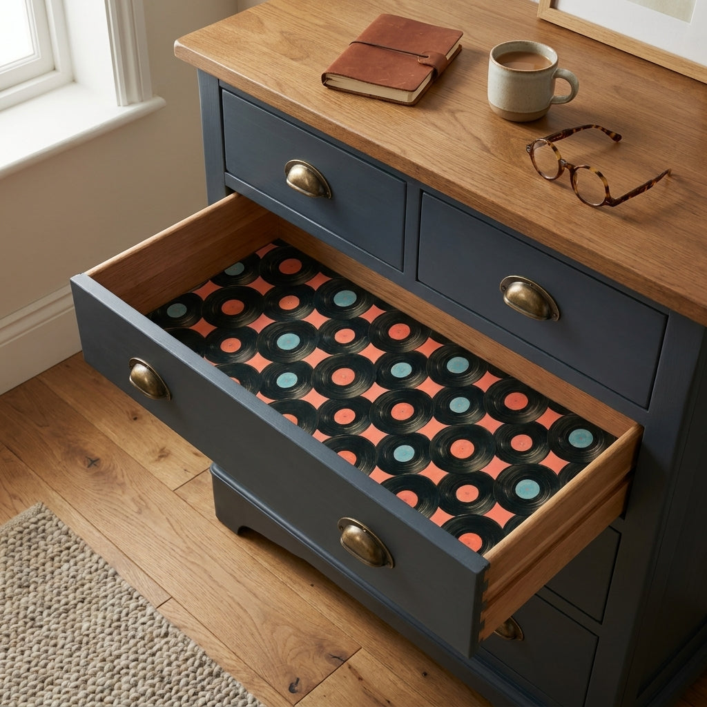 Retro vinyl record gift wrap used as a decorative drawer liner inside a dresser by Wrapped Studios.