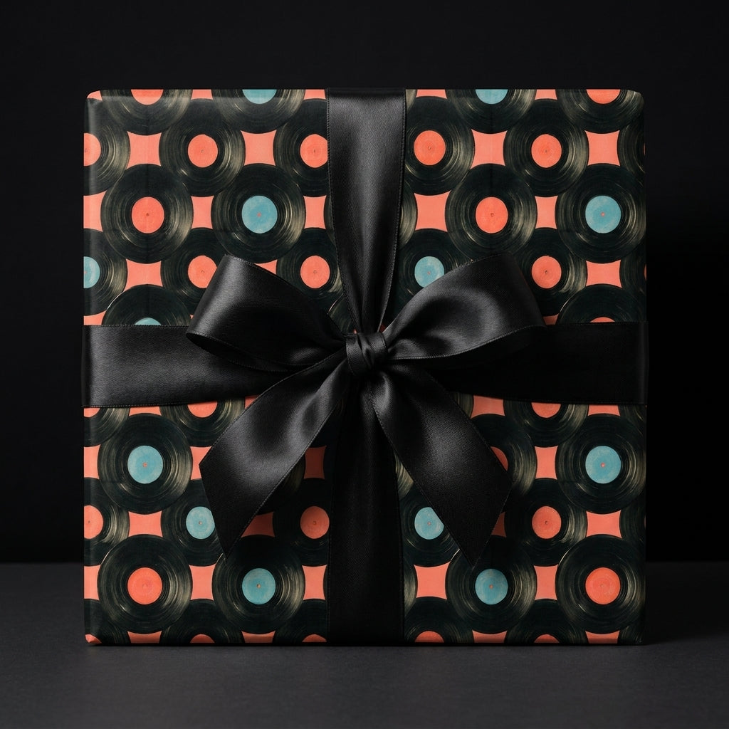 Retro vinyl record wrapping paper with a black satin bow by Wrapped Studios.