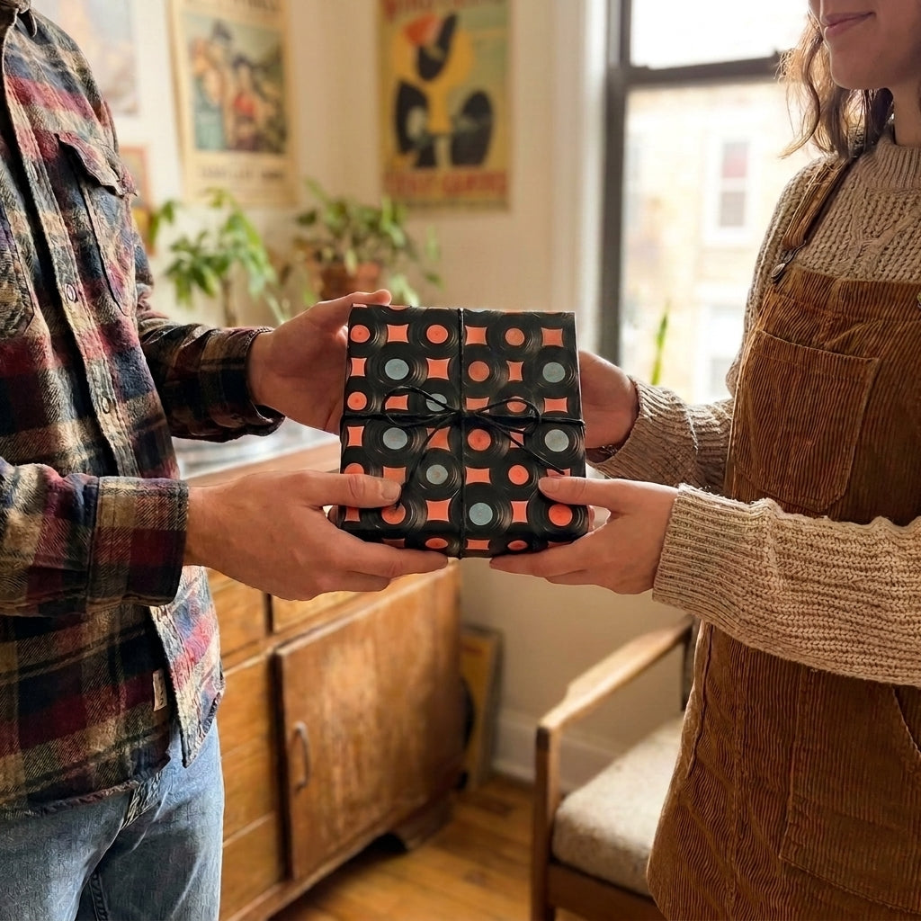 A couple exchanging a gift wrapped in retro vinyl record wrapping paper by Wrapped Studios.