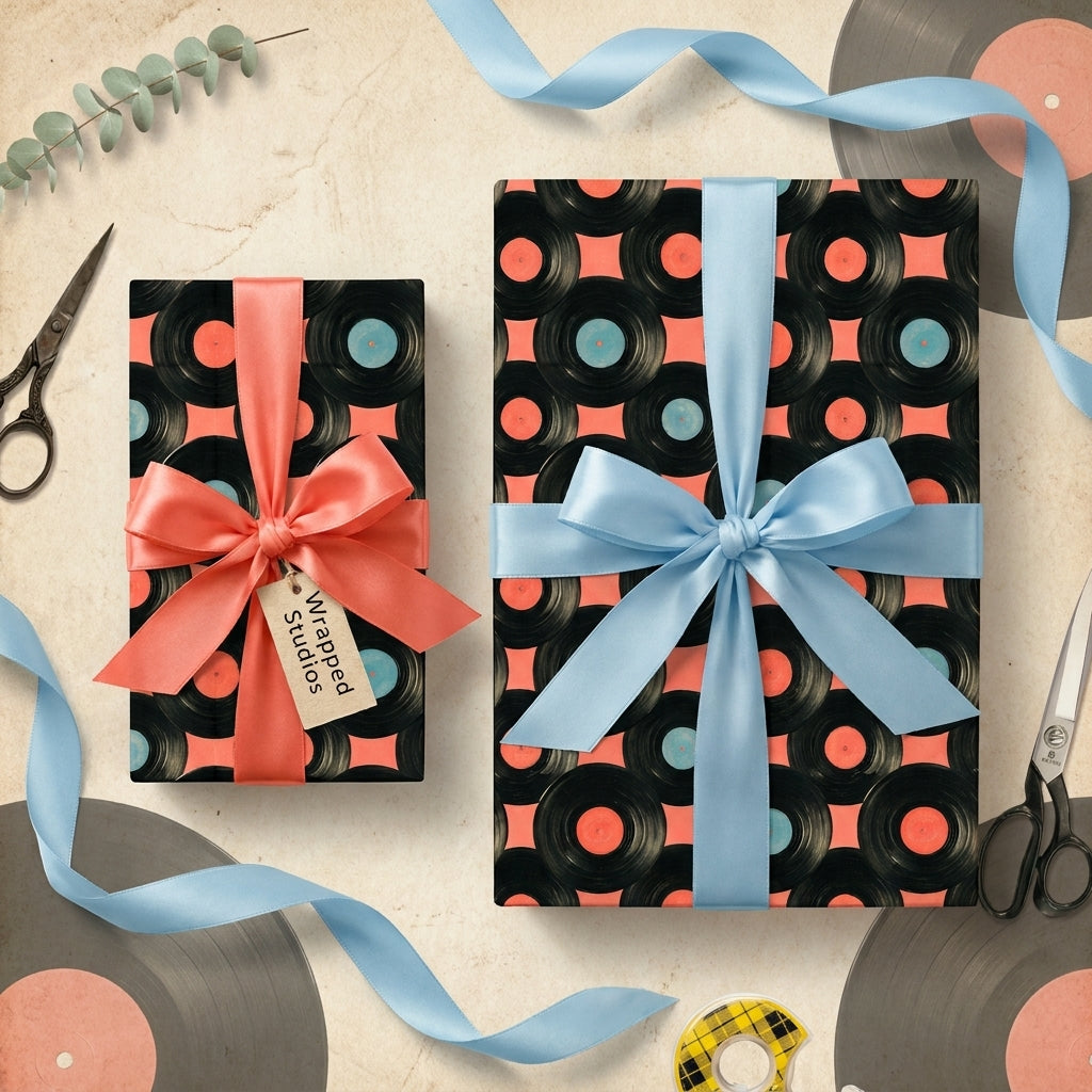 Retro vinyl record wrapping paper with satin ribbons on music themed gifts by Wrapped Studios.