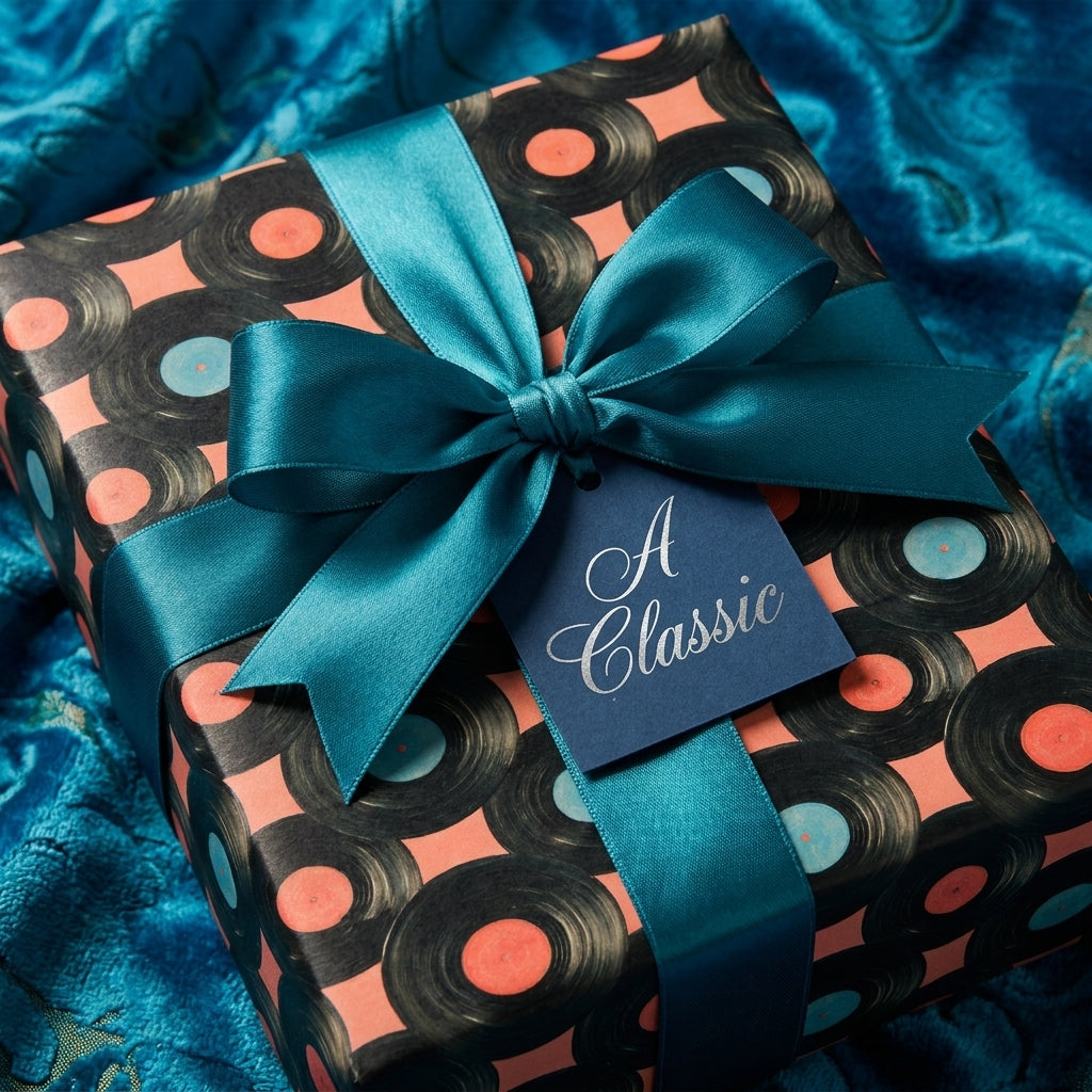Vintage vinyl record wrapping paper with a teal satin bow and gift tag by Wrapped Studios.