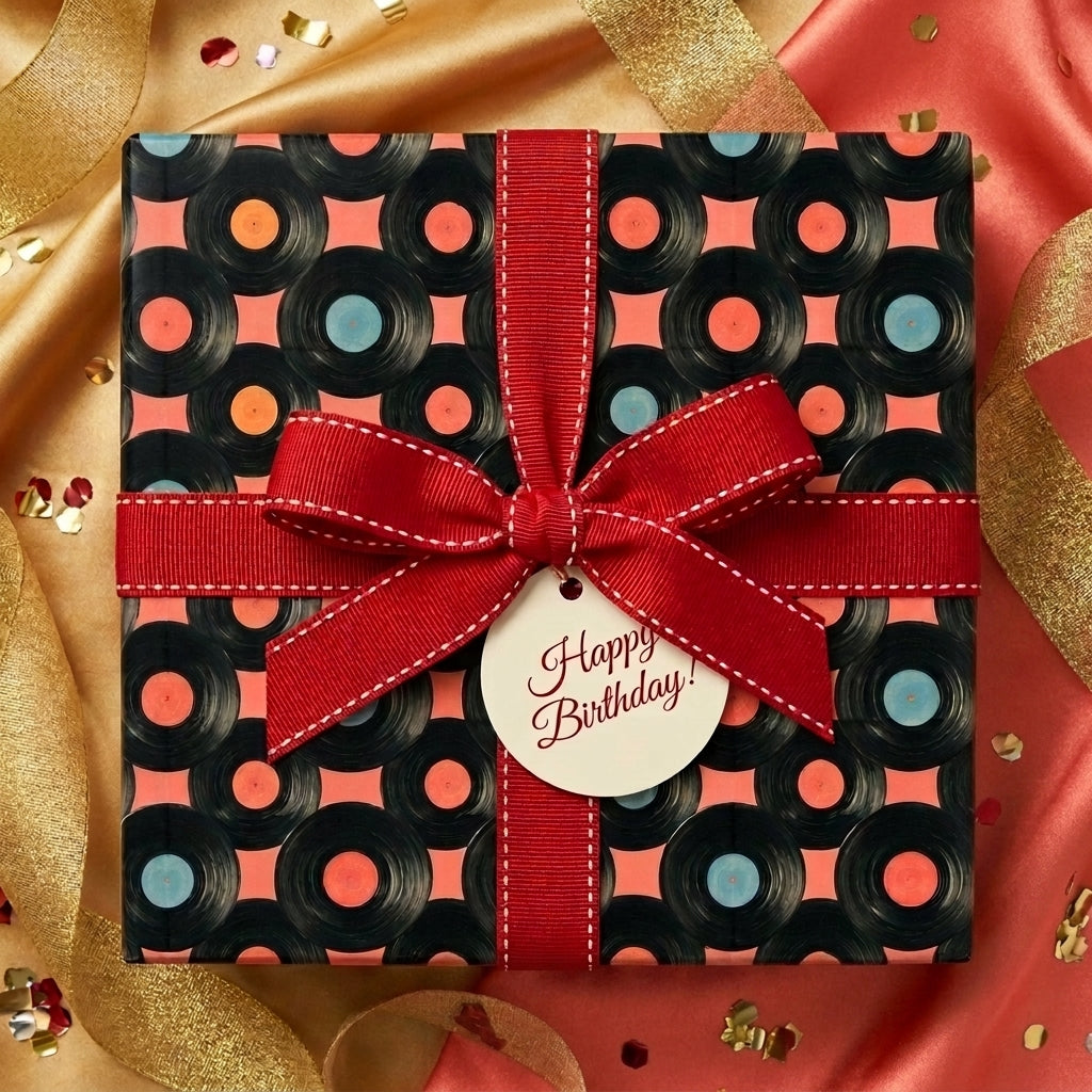 Retro vinyl record birthday wrapping paper with red ribbon and Happy Birthday tag by Wrapped Studios.