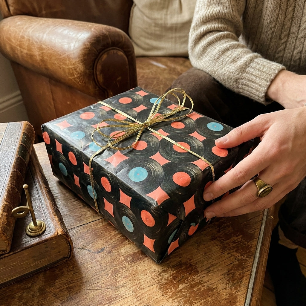 Retro vinyl record wrapping paper on a gift with gold bow. Music themed gift wrap by Wrapped Studios.