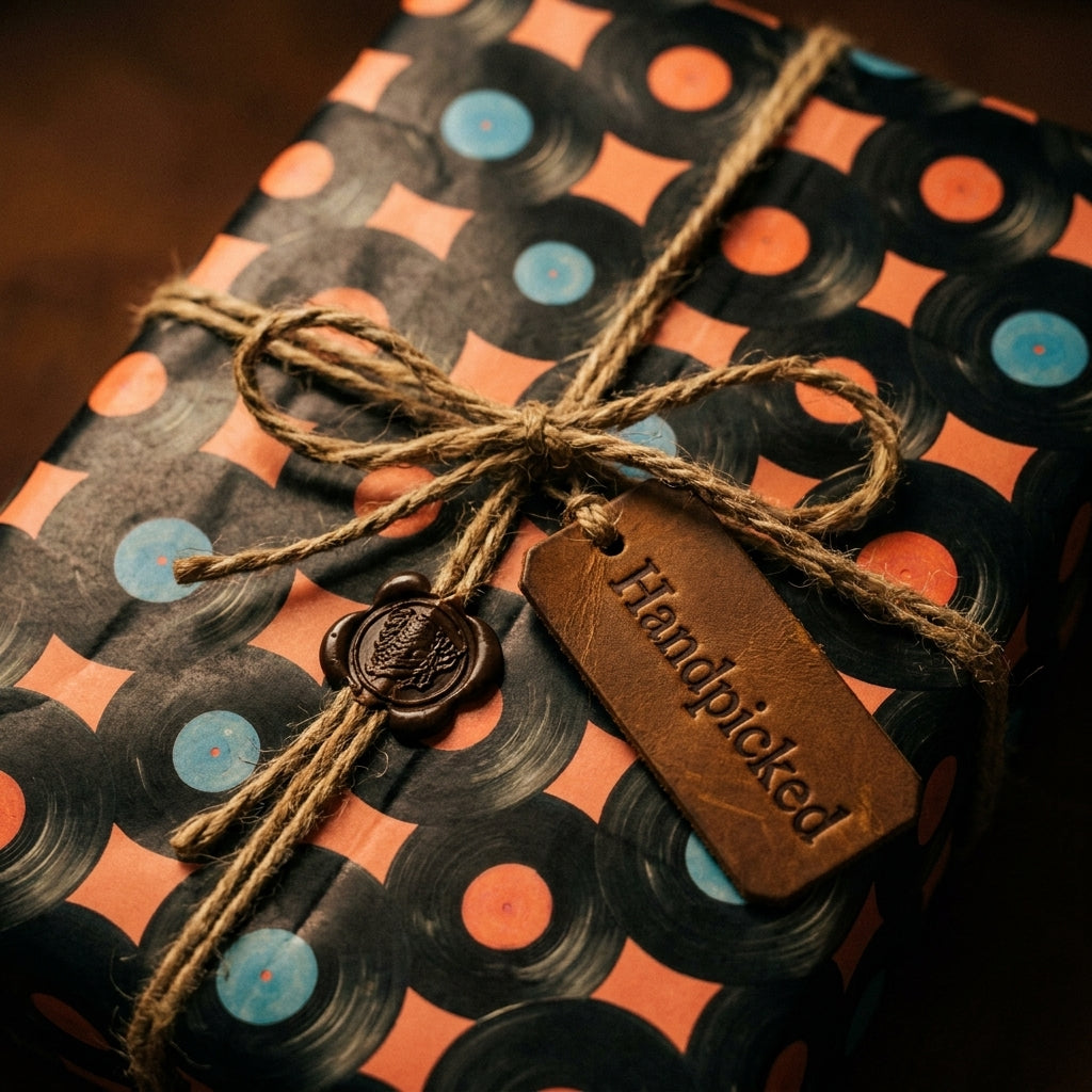 Music themed retro vinyl record wrapping paper with twine bow by Wrapped Studios.