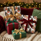 Luxury Christmas gift wrap with tree patterns and elegant velvet ribbons by Wrapped Studios.