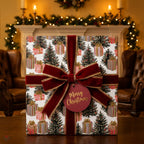 Luxury Christmas wrapping paper with a festive tree pattern and red velvet bow by Wrapped Studios.