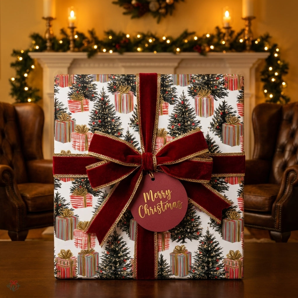 Luxury Christmas wrapping paper with a festive tree pattern and red velvet bow by Wrapped Studios.
