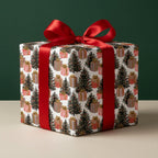 Vintage Christmas tree wrapping paper with a red satin bow on a gift box, by Wrapped Studios.