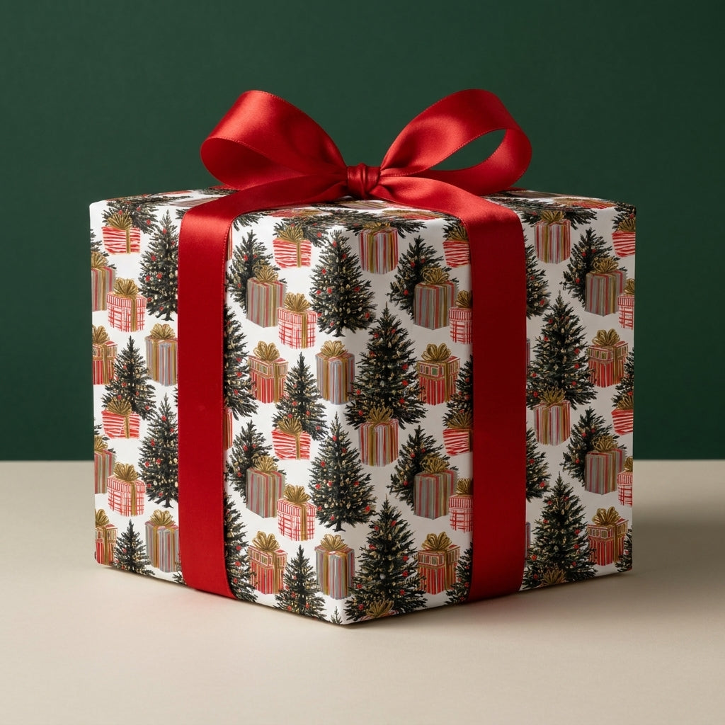 Vintage Christmas tree wrapping paper with a red satin bow on a gift box, by Wrapped Studios.
