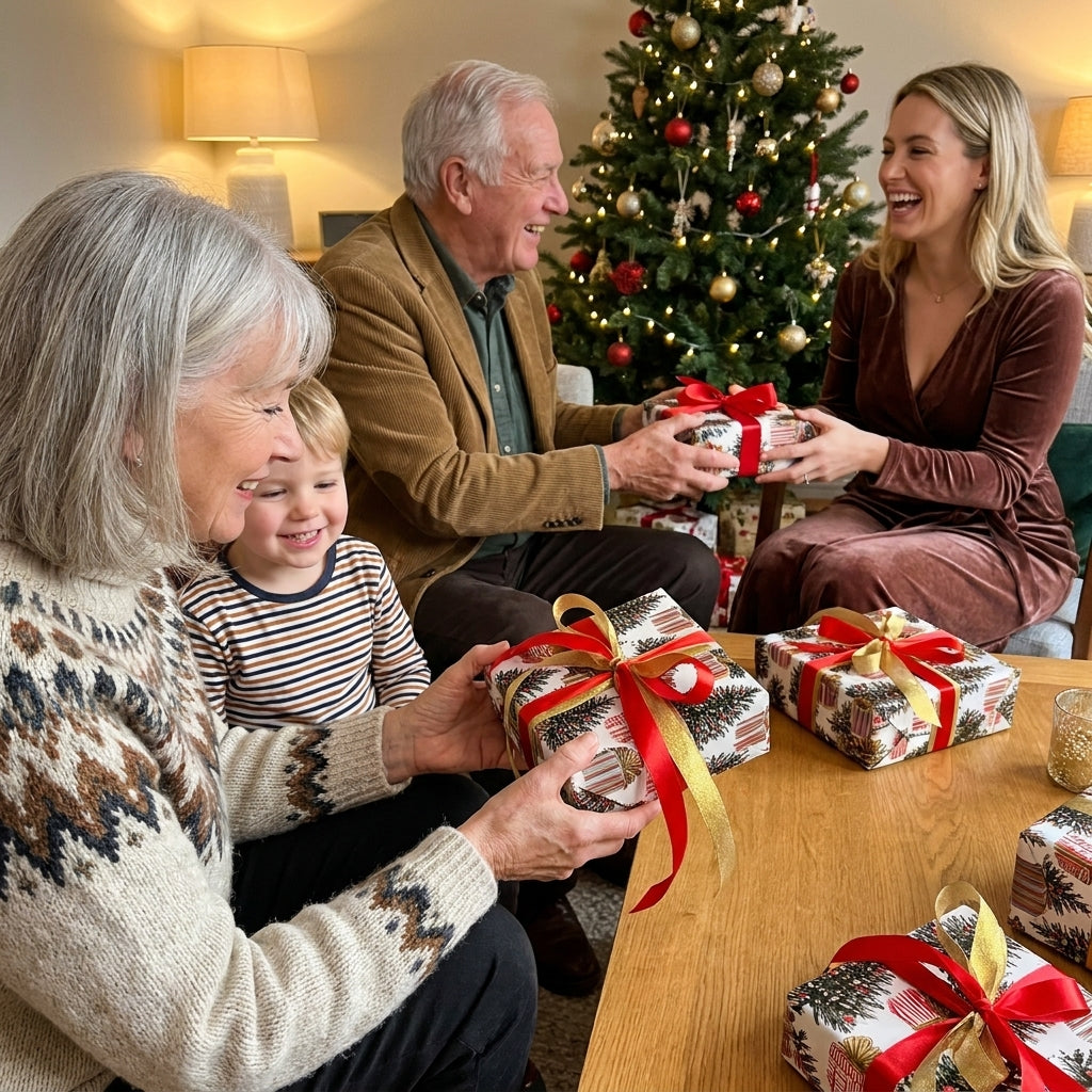 Family exchanging gifts in Christmas wrapping paper with red and gold ribbons, by Wrapped Studios.