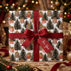 Christmas wrapping paper with festive tree print and red ribbon bow by Wrapped Studios.