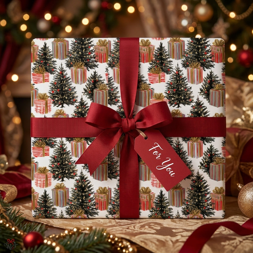 Christmas wrapping paper with festive tree print and red ribbon bow by Wrapped Studios.