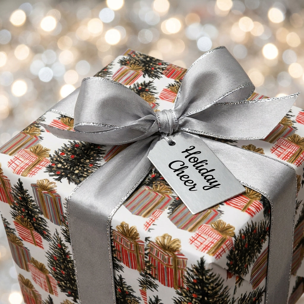 Christmas wrapping paper with trees, presents, and a silver bow by Wrapped Studios.