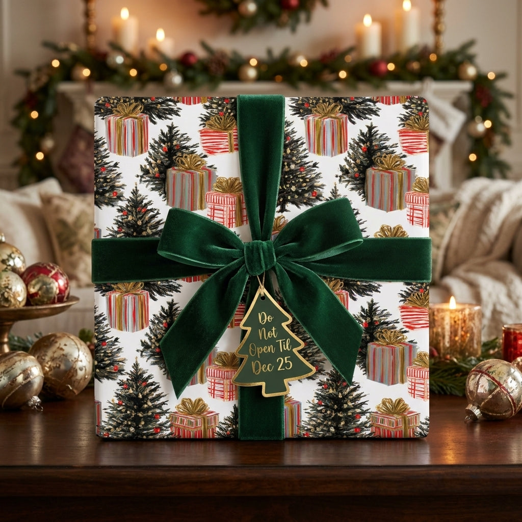 Luxury Christmas tree wrapping paper with green velvet bow and holiday tag by Wrapped Studios.