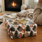 Christmas gift wrap with tree pattern by Wrapped Studios, tied with a gold ribbon in a cozy fireplace scene.