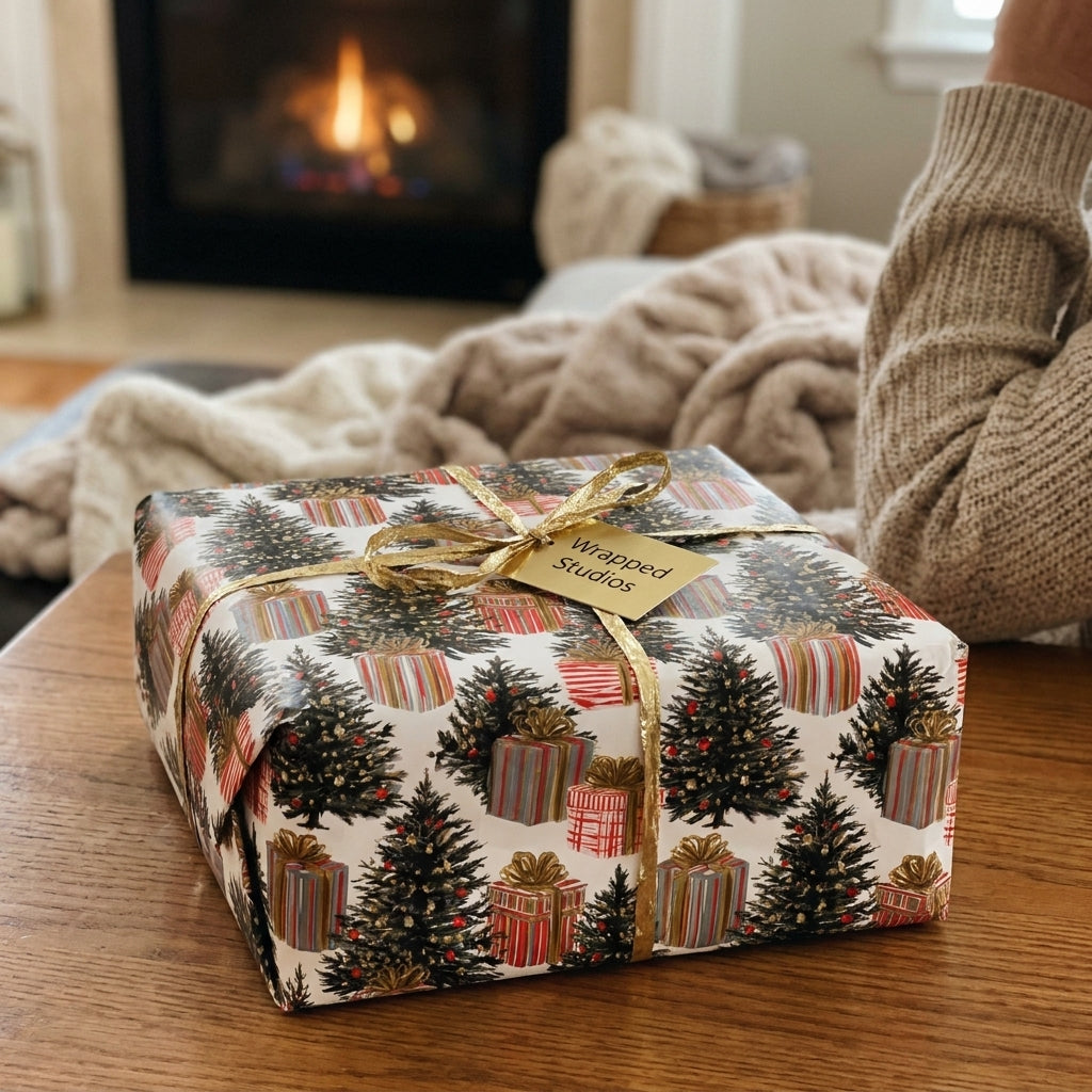 Christmas gift wrap with tree pattern by Wrapped Studios, tied with a gold ribbon in a cozy fireplace scene.