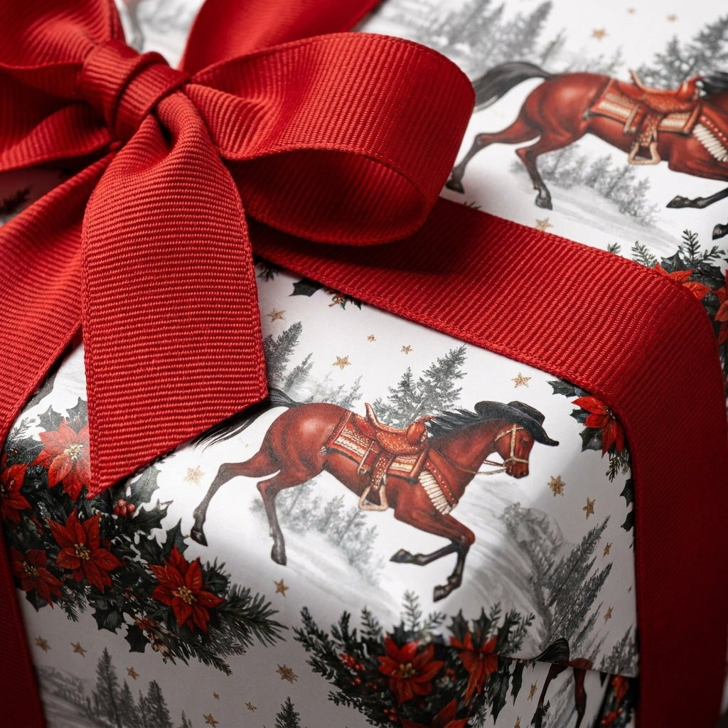 Equestrian Christmas wrapping paper with horses and red bow, western holiday gift wrap by Wrapped Studios.