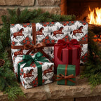 Western Christmas wrapping paper with horses on gifts by a cozy fireplace, from Wrapped Studios.