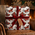 Western horse Christmas wrapping paper with red velvet bow on a rustic gift box by Wrapped Studios.