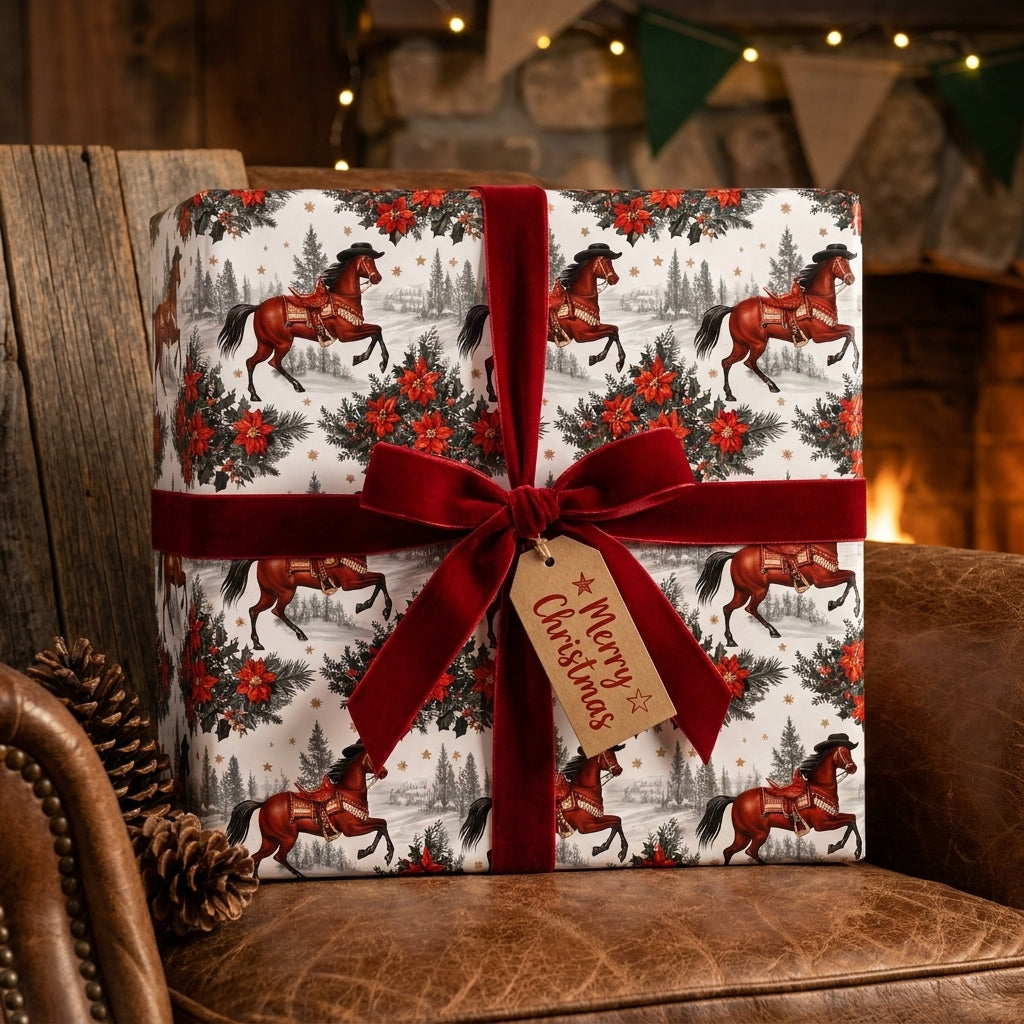 Western horse Christmas wrapping paper with red velvet bow on a rustic gift box by Wrapped Studios.