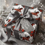 Western horse Christmas wrapping paper with gray ribbon and Santa gift tag by Wrapped Studios.
