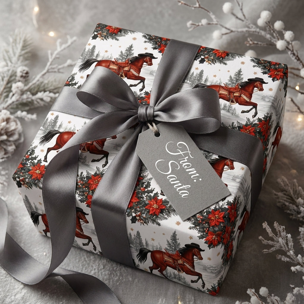 Western horse Christmas wrapping paper with gray ribbon and Santa gift tag by Wrapped Studios.