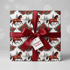 Western equestrian Christmas wrapping paper with horses and a red ribbon, by Wrapped Studios.