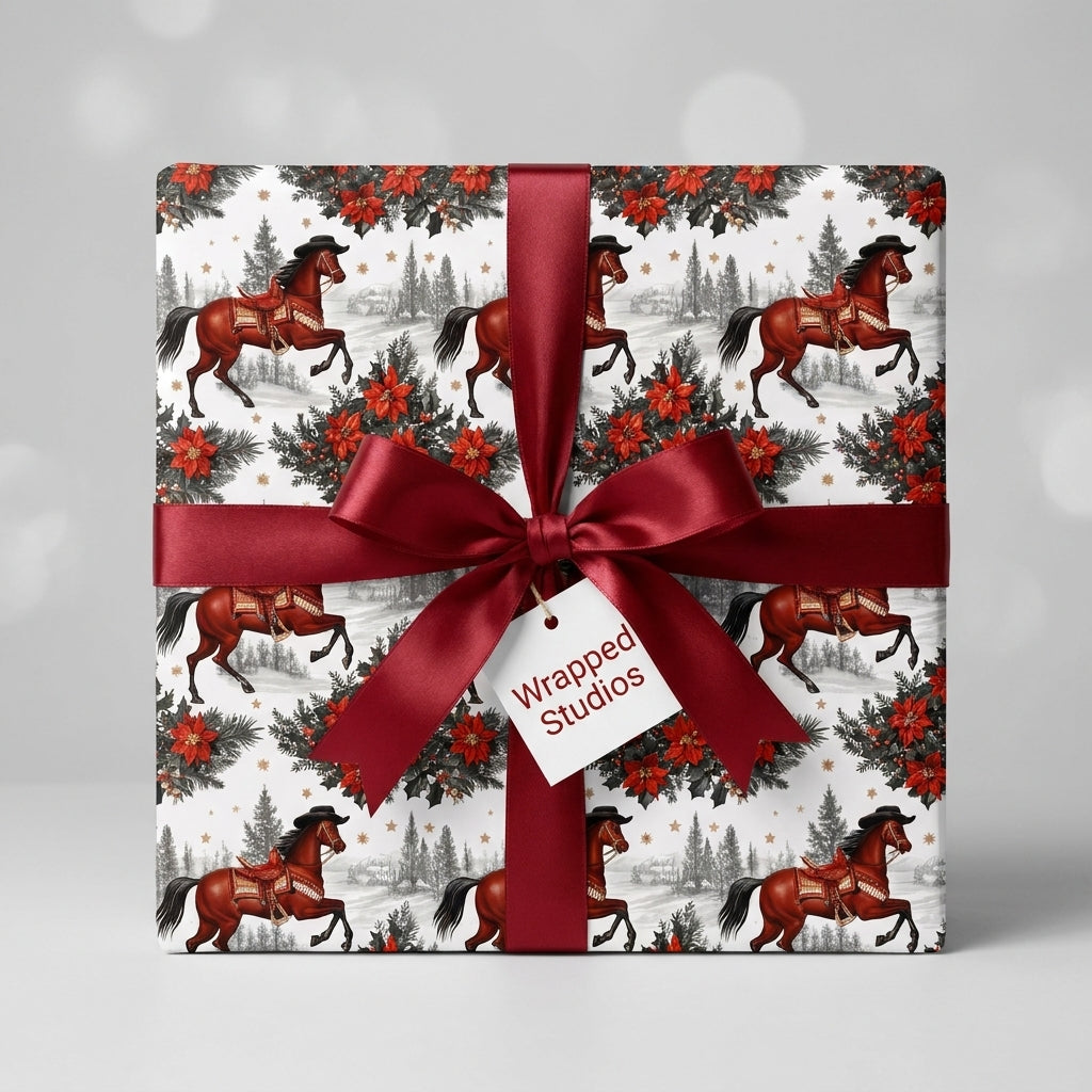 Western equestrian Christmas wrapping paper with horses and a red ribbon, by Wrapped Studios.
