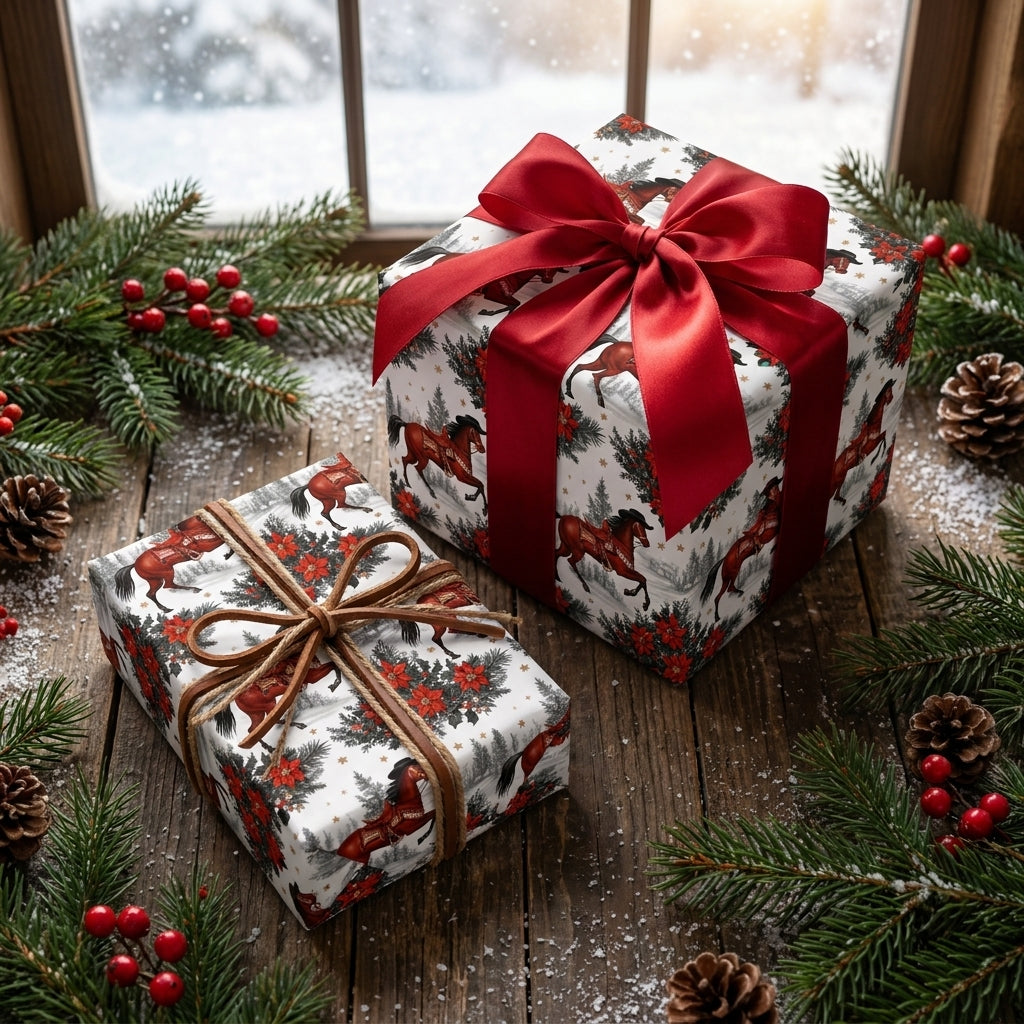 Rustic horse Christmas wrapping paper by Wrapped Studios on holiday gifts with red ribbon and pine.