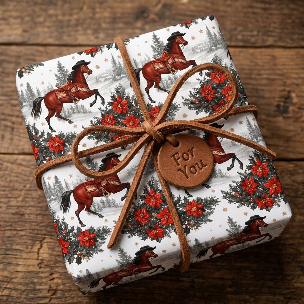 Rustic horse Christmas wrapping paper with leather bow on wood background, by Wrapped Studios.