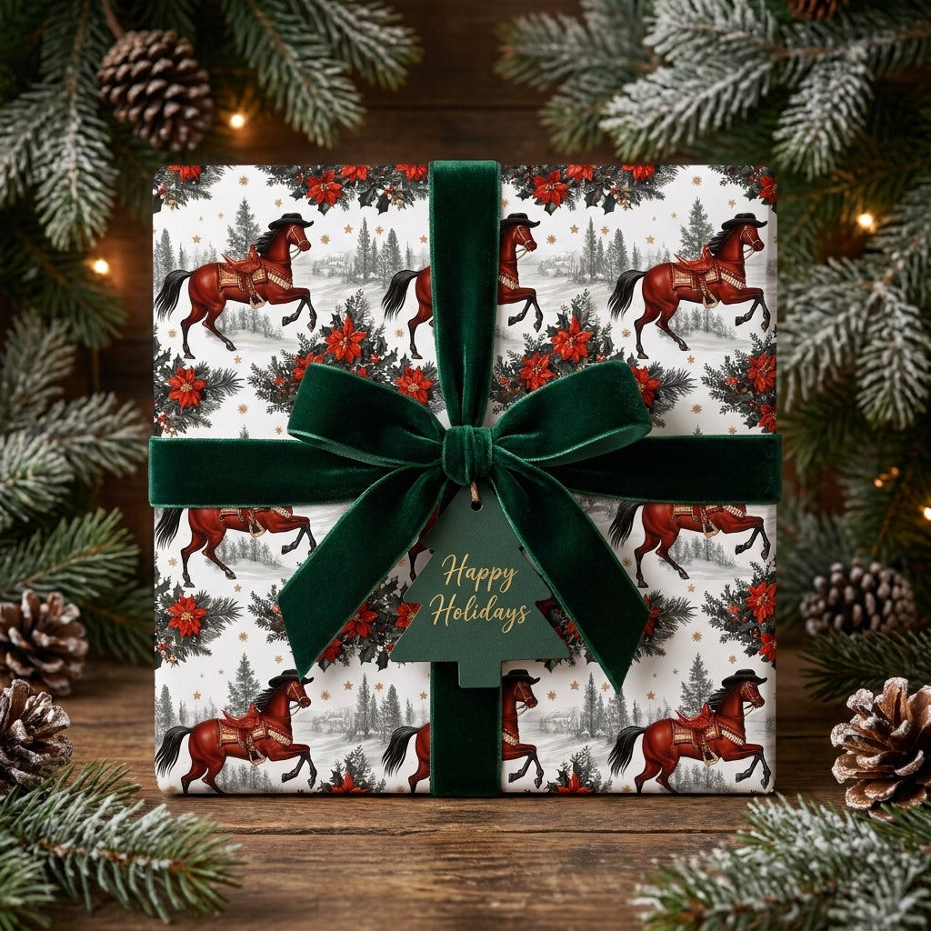 Western Christmas wrapping paper with horse and poinsettia pattern by Wrapped Studios.